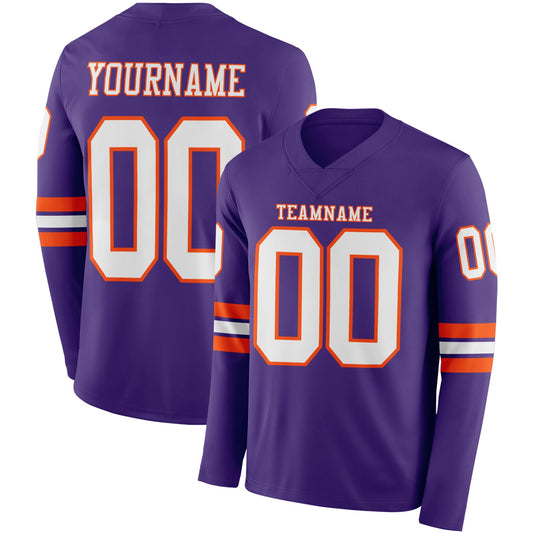 Custom Purple White-Orange Long Sleeve Authentic Football Jersey - Main View