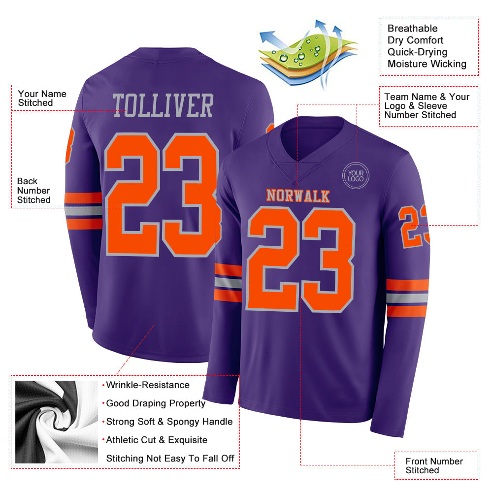 Custom Purple Orange-Gray Long Sleeve Authentic Football Jersey view 2