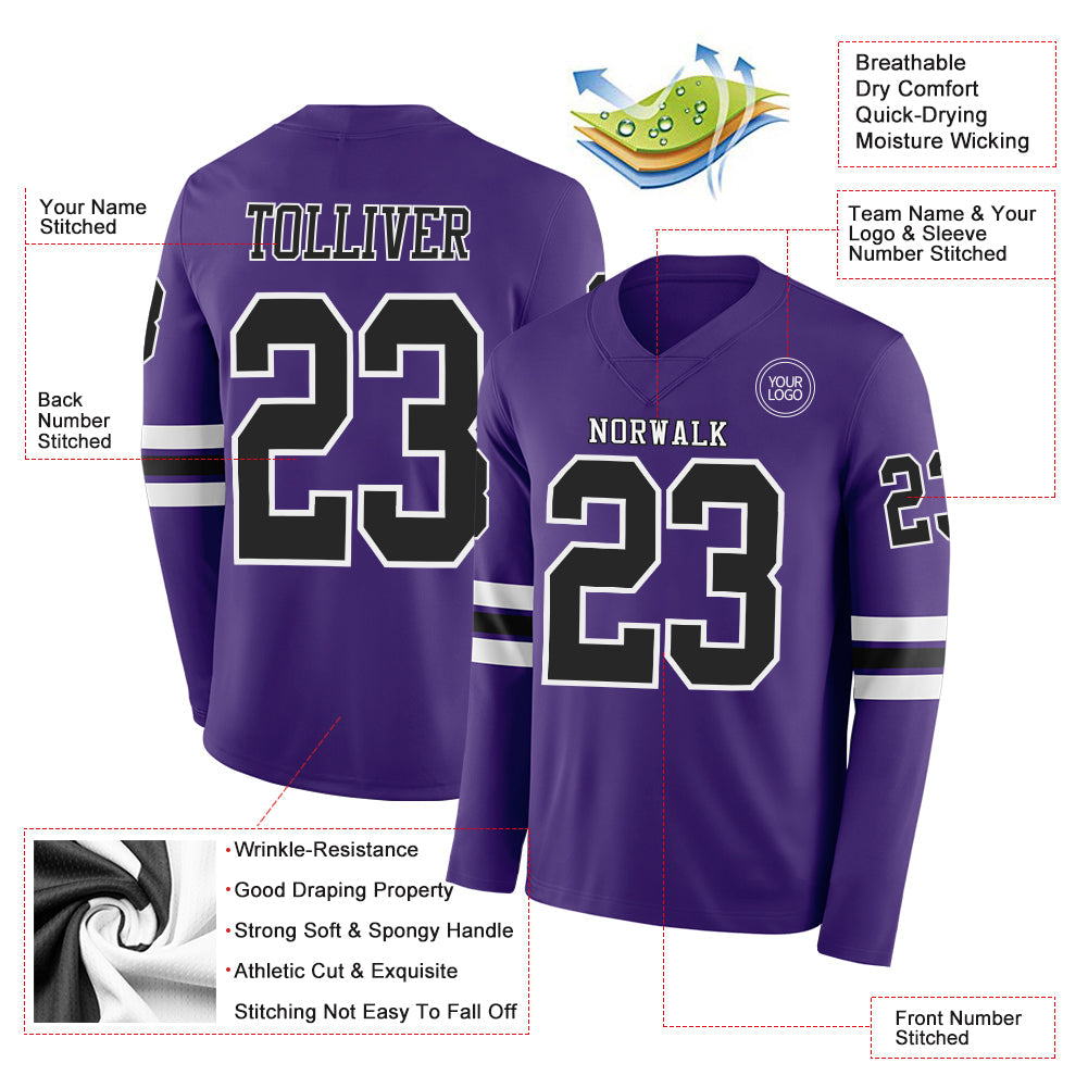 Custom Purple Black-White Long Sleeve Authentic Football Jersey view 2