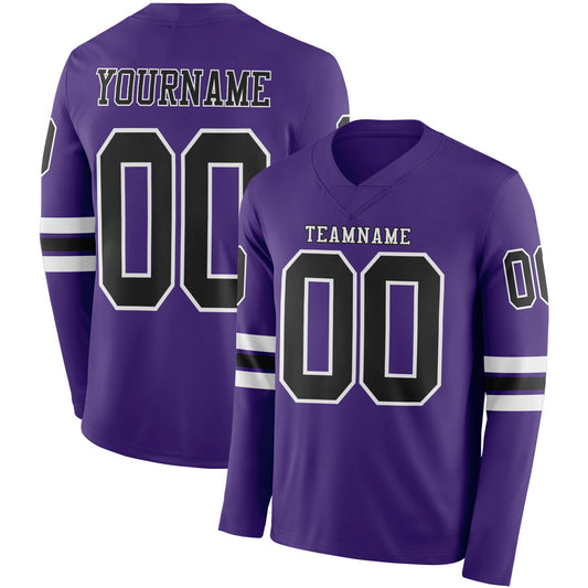 Custom Purple Black-White Long Sleeve Authentic Football Jersey - Main View