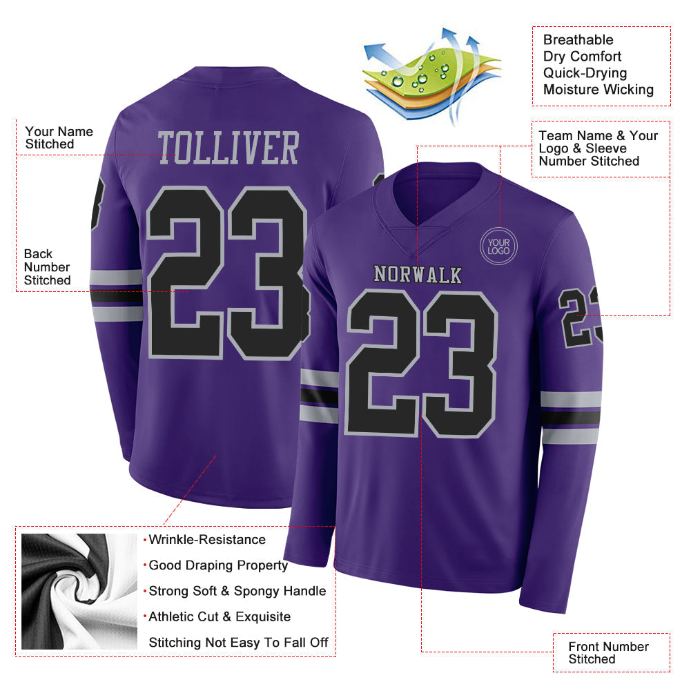 Custom Purple Black-Gray Long Sleeve Authentic Football Jersey view 2
