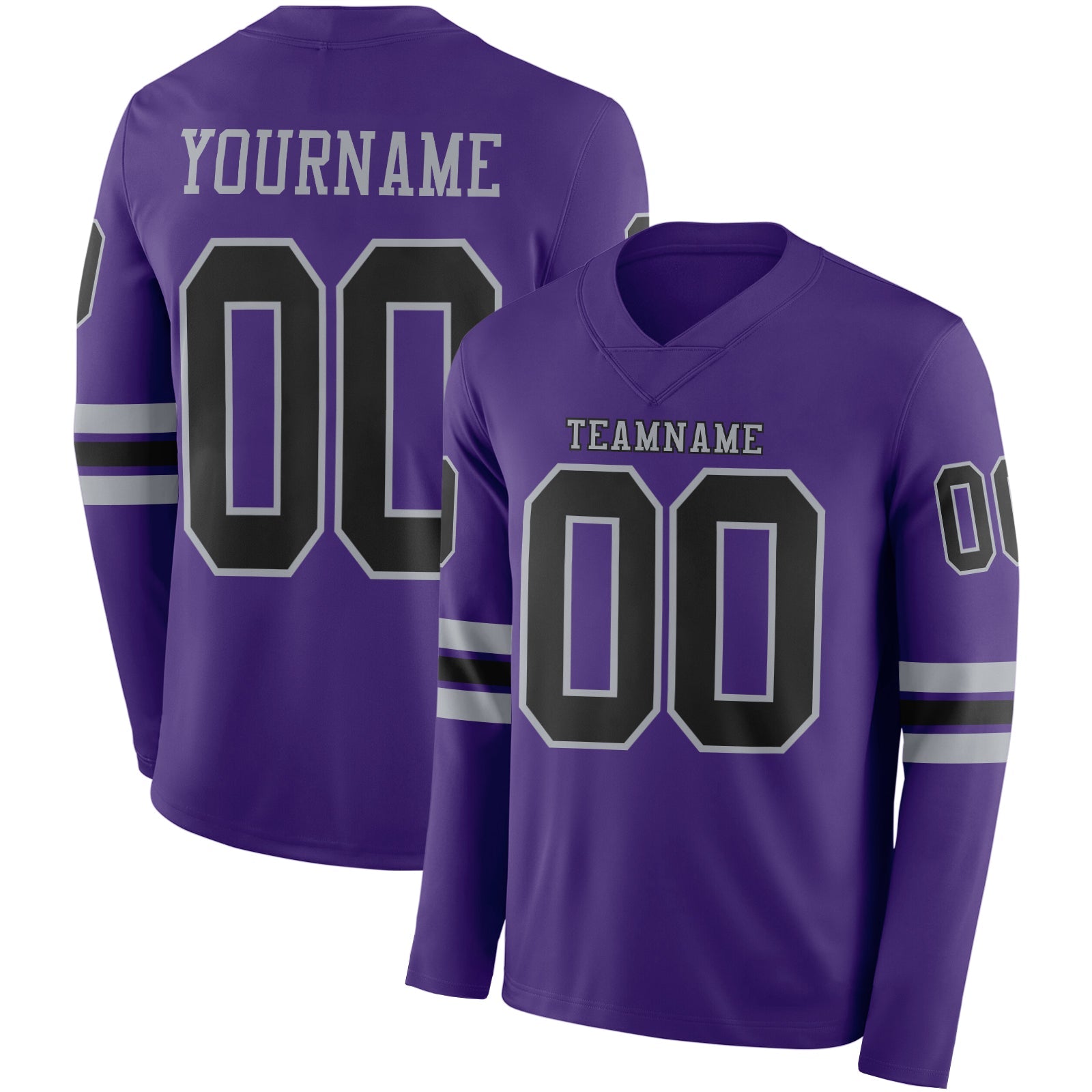 Custom Purple Black-Gray Long Sleeve Authentic Football Jersey - Main View