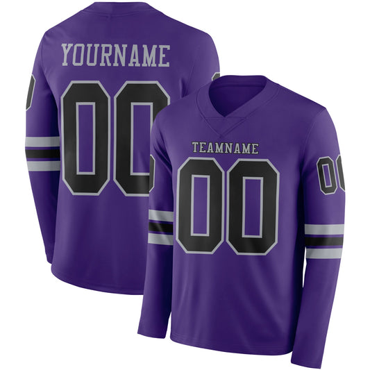 Custom Purple Black-Gray Long Sleeve Authentic Football Jersey - Main View