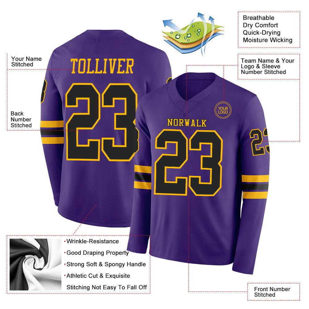 Custom Purple Black-Gold Long Sleeve Authentic Football Jersey view 2