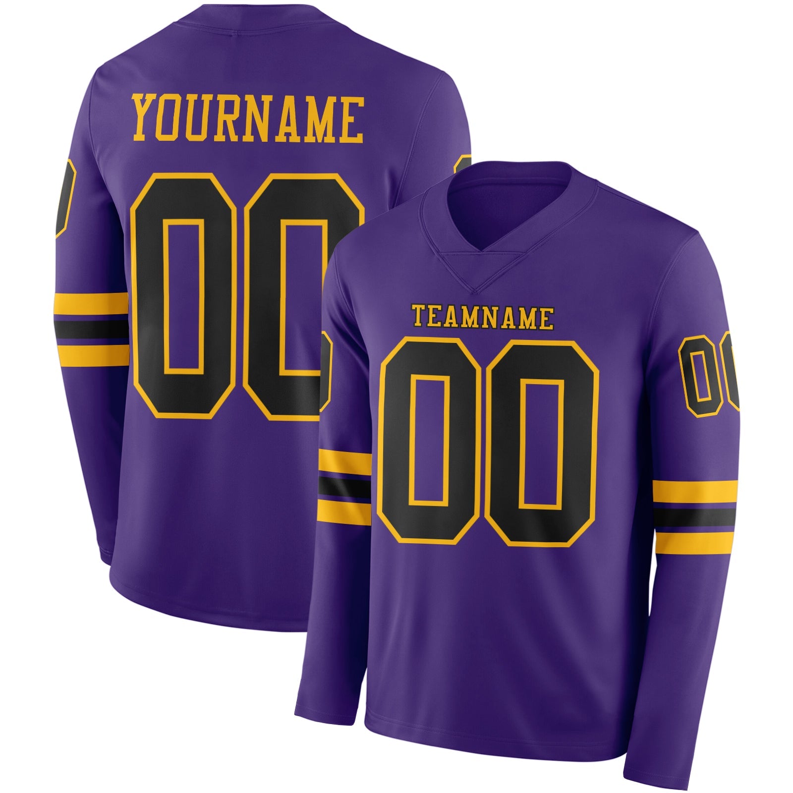 Custom Purple Black-Gold Long Sleeve Authentic Football Jersey - Main View