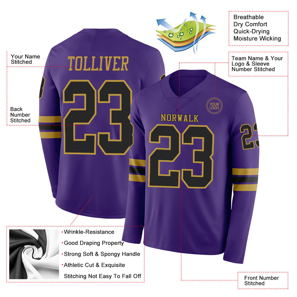 Custom Purple Black-Old Gold Long Sleeve Authentic Football Jersey view 2
