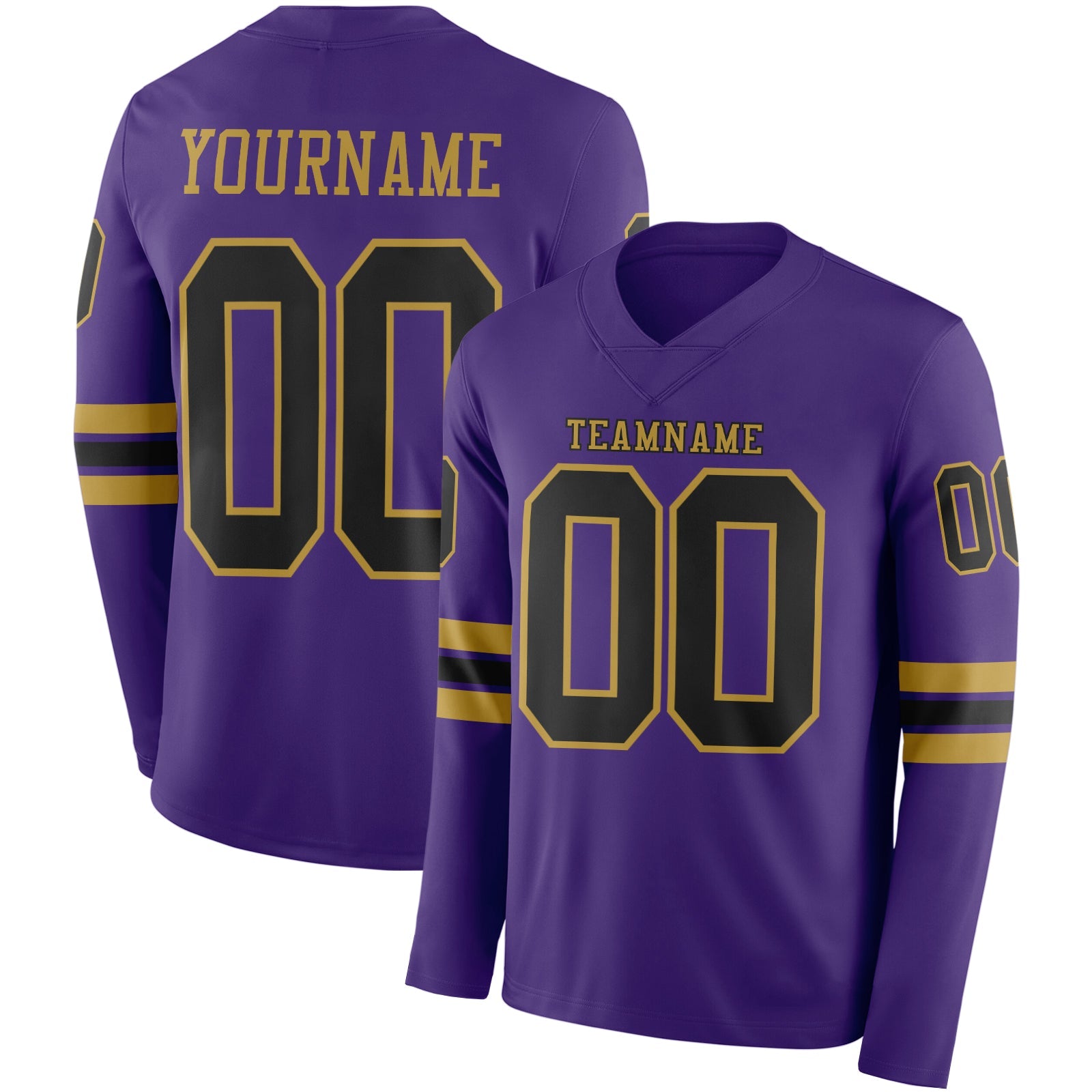 Custom Purple Black-Old Gold Long Sleeve Authentic Football Jersey - Main View
