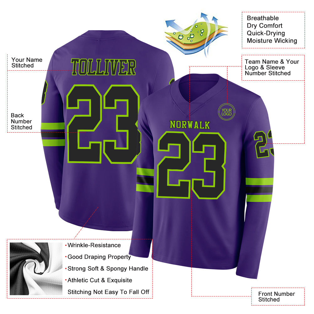 Custom Purple Black-Neon Green Long Sleeve Authentic Football Jersey view 2