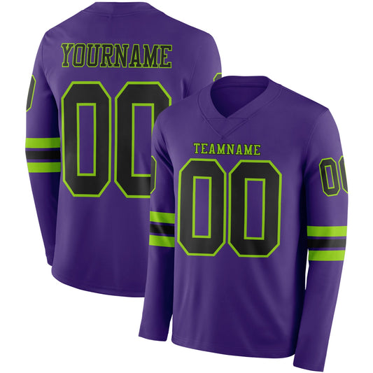 Custom Purple Black-Neon Green Long Sleeve Authentic Football Jersey - Main View