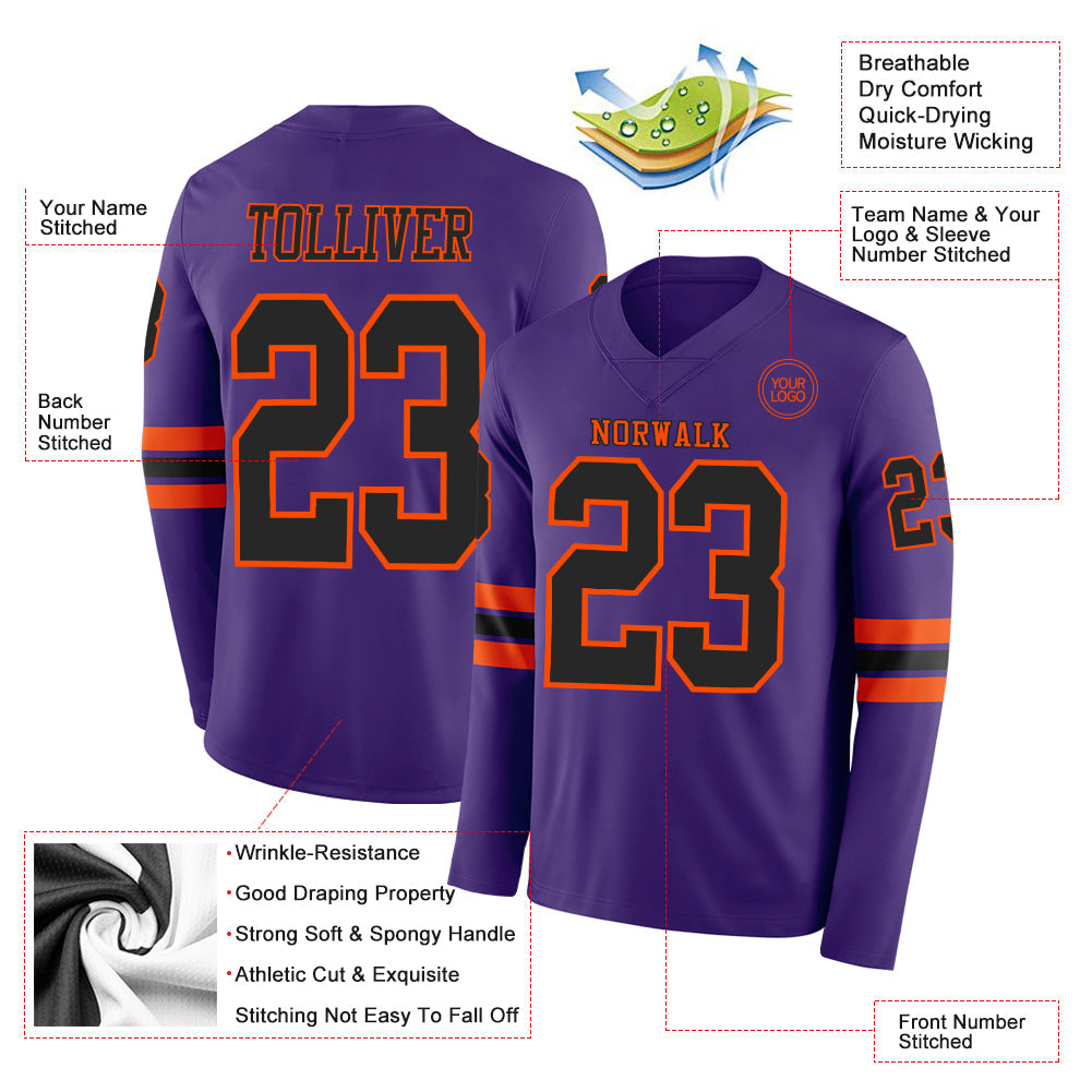 Custom Purple Black-Orange Long Sleeve Authentic Football Jersey view 2