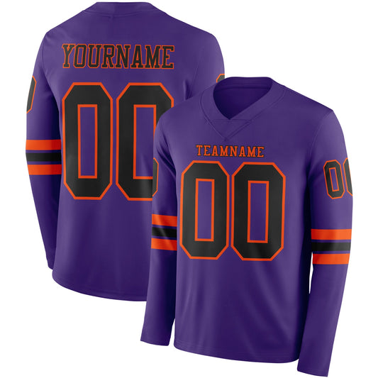 Custom Purple Black-Orange Long Sleeve Authentic Football Jersey - Main View