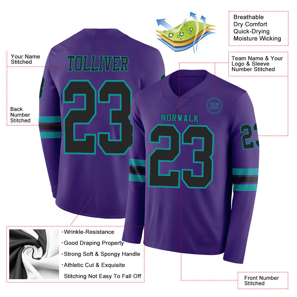 Custom Purple Black-Teal Long Sleeve Authentic Football Jersey view 2