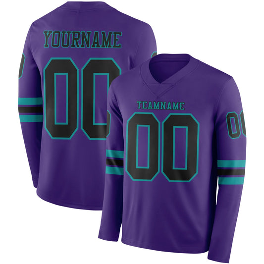 Custom Purple Black-Teal Long Sleeve Authentic Football Jersey - Main View