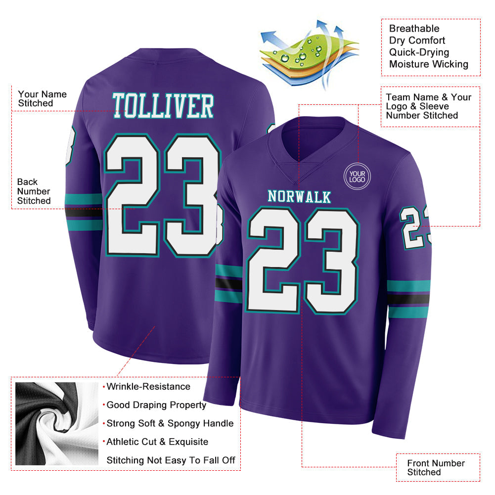 Custom Purple White Black-Teal Long Sleeve Authentic Football Jersey view 2