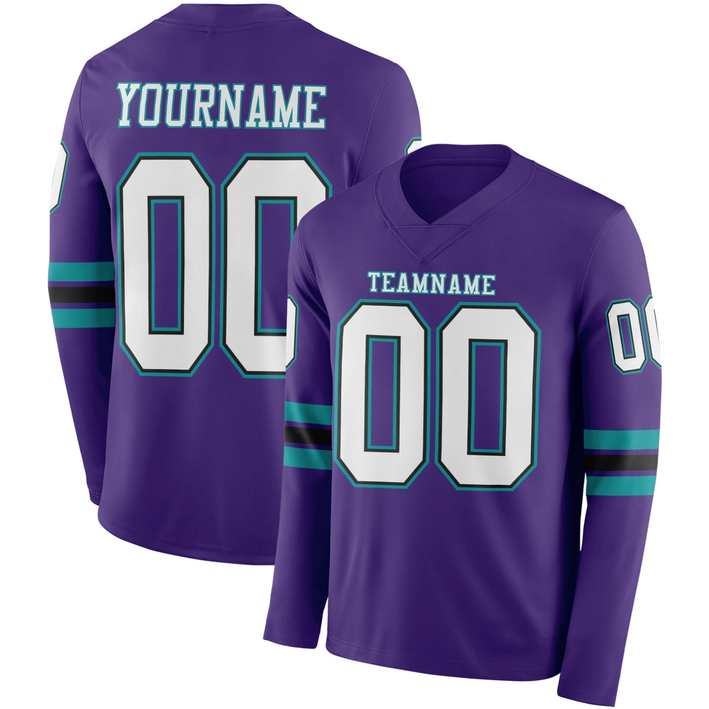 Custom Purple White Black-Teal Long Sleeve Authentic Football Jersey - Main View