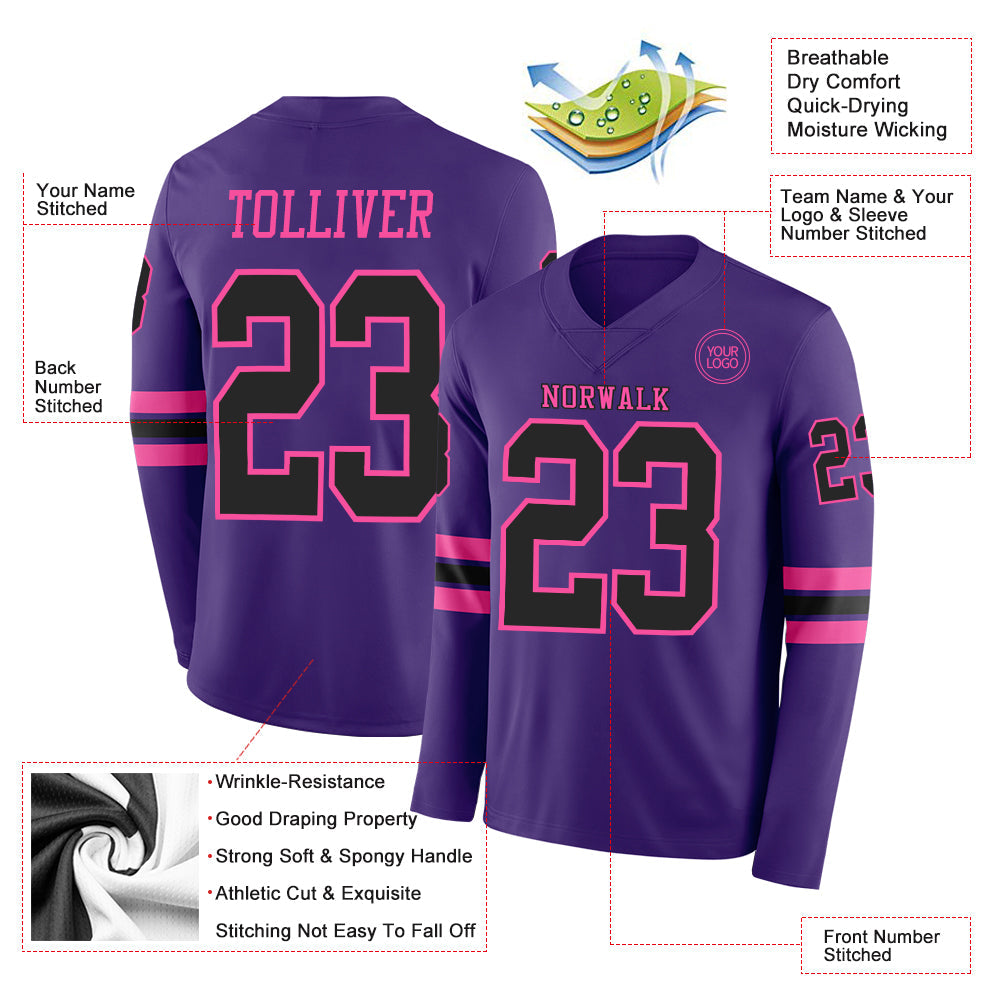 Custom Purple Black-Pink Long Sleeve Authentic Football Jersey view 2