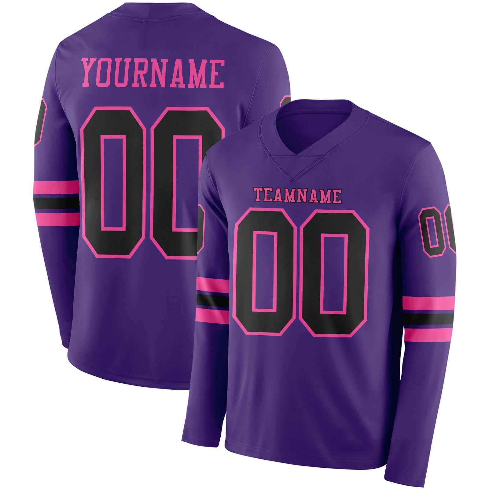 Custom Purple Black-Pink Long Sleeve Authentic Football Jersey - Main View