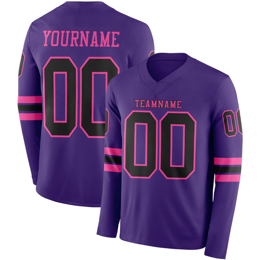 Custom Purple Black-Pink Long Sleeve Authentic Football Jersey - Main View
