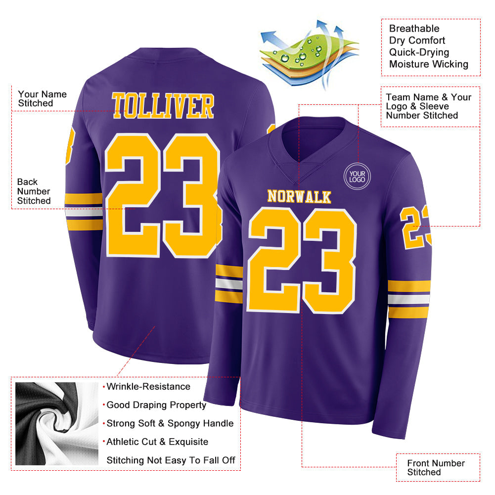 Custom Purple Gold-White Long Sleeve Authentic Football Jersey view 2