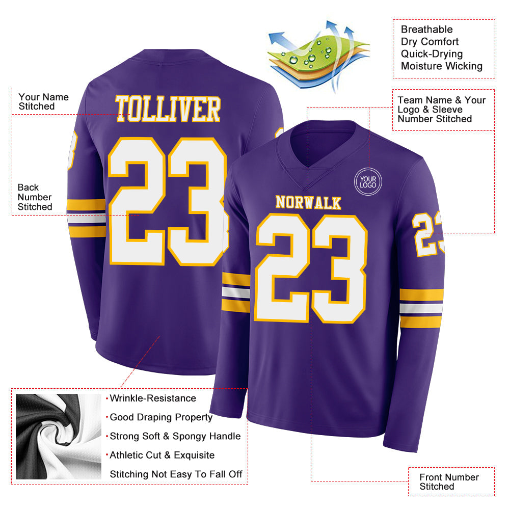 Custom Purple White-Gold Long Sleeve Authentic Football Jersey view 2