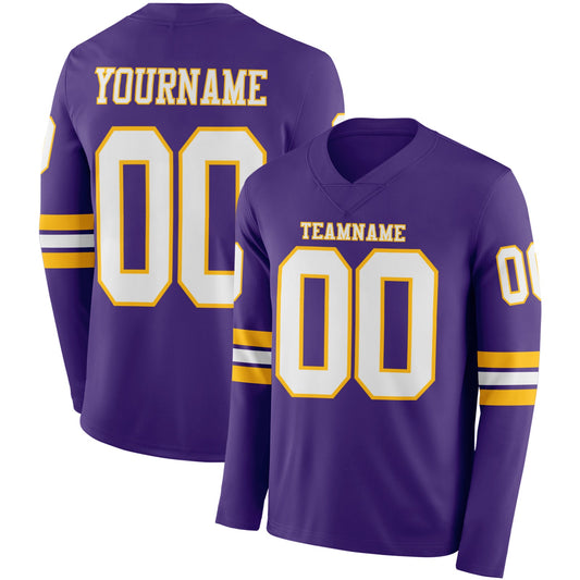 Custom Purple White-Gold Long Sleeve Authentic Football Jersey - Main View