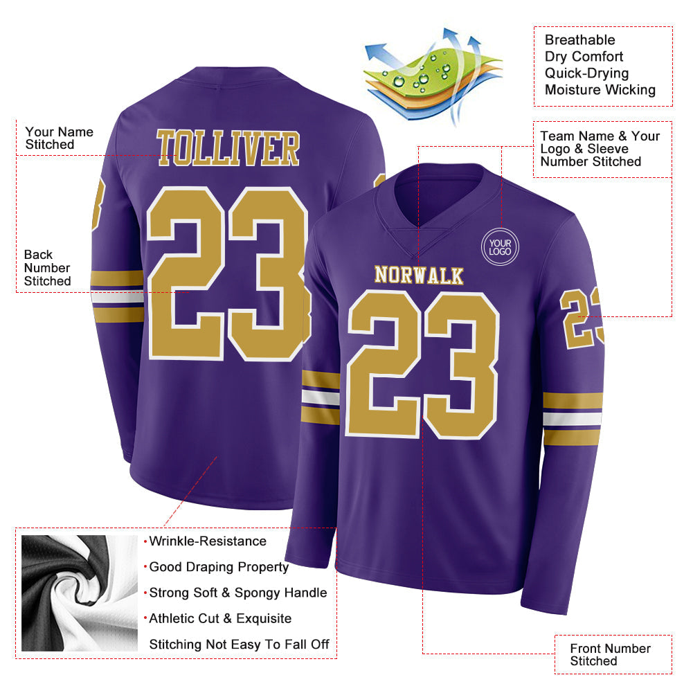 Custom Purple Old Gold-White Long Sleeve Authentic Football Jersey view 2