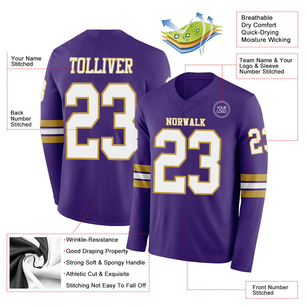 Custom Purple White-Old Gold Long Sleeve Authentic Football Jersey view 2