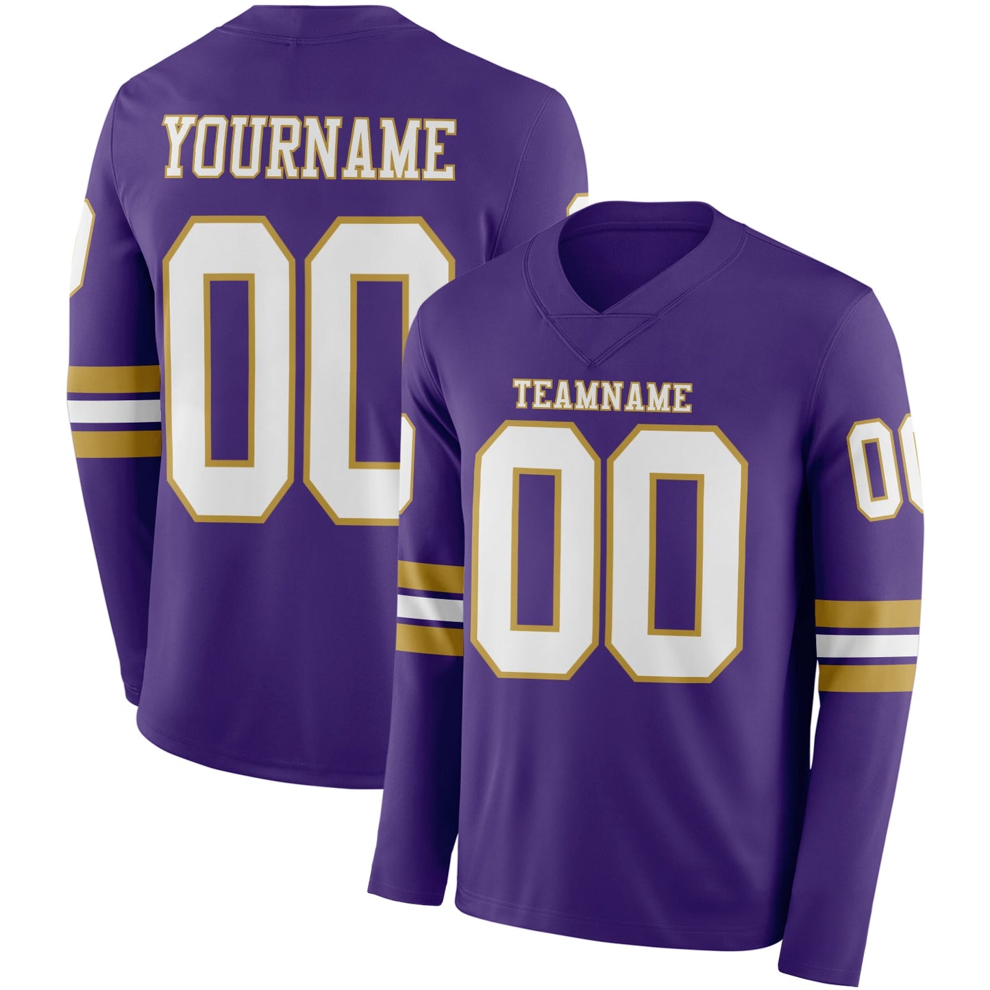 Custom Purple White-Old Gold Long Sleeve Authentic Football Jersey - Main View
