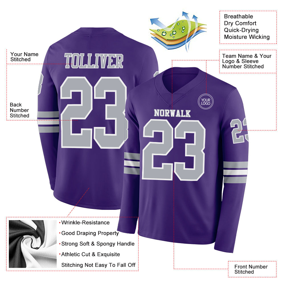 Custom Purple Gray-White Long Sleeve Authentic Football Jersey view 2