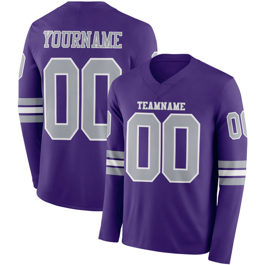 Custom Purple Gray-White Long Sleeve Authentic Football Jersey - Main View