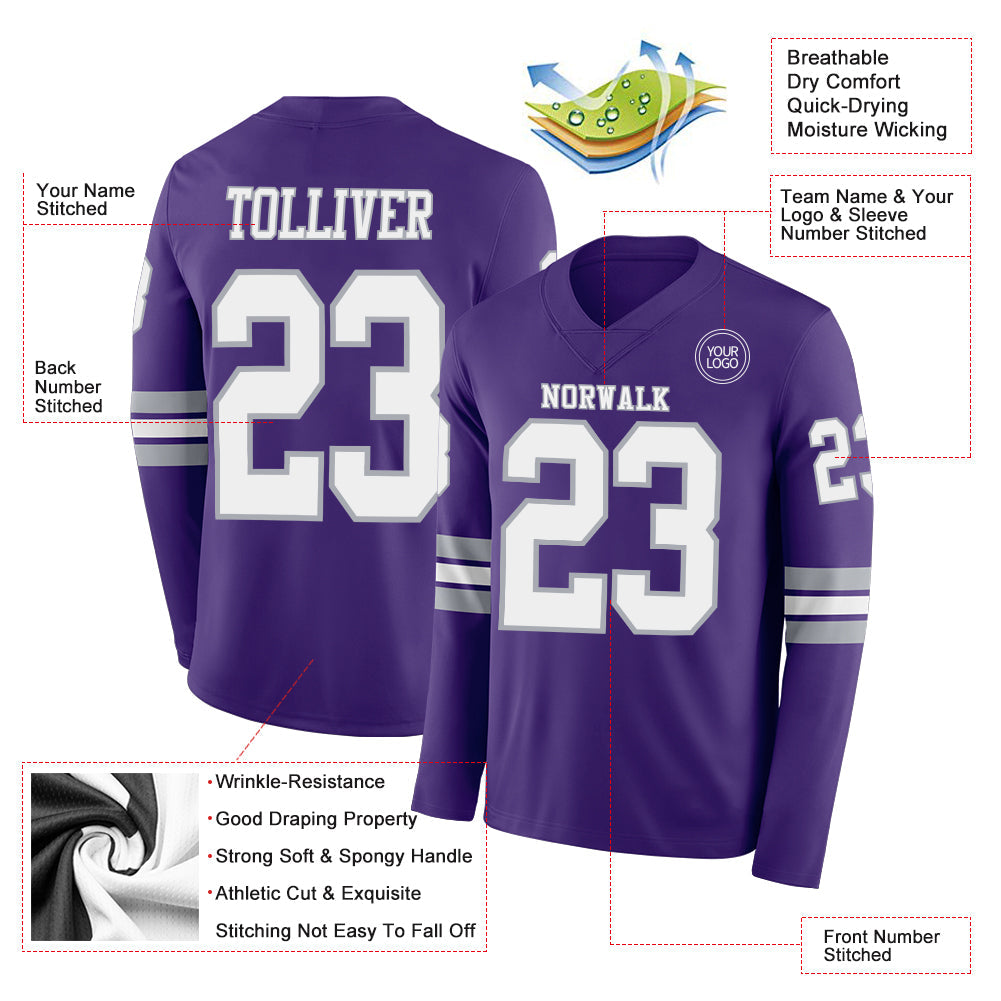 Custom Purple White-Gray Long Sleeve Authentic Football Jersey view 2