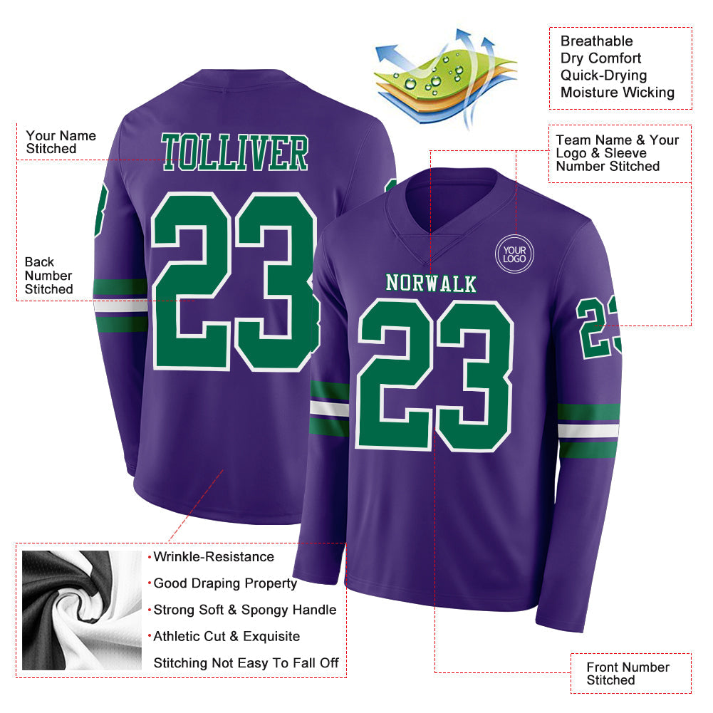 Custom Purple Kelly Green-White Long Sleeve Authentic Football Jersey view 2