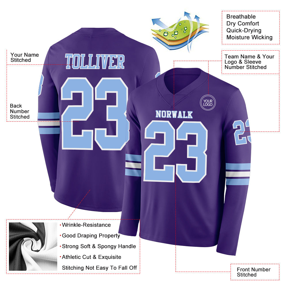 Custom Purple Light Blue-White Long Sleeve Authentic Football Jersey view 2
