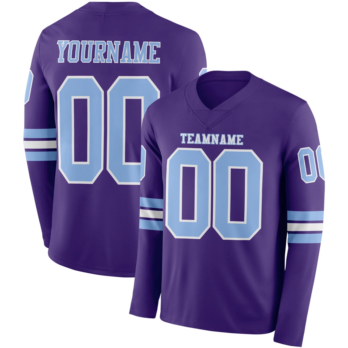 Custom Purple Light Blue-White Long Sleeve Authentic Football Jersey - Main View