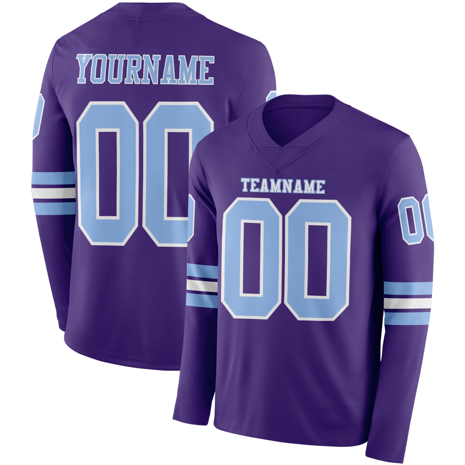 Custom Purple Light Blue-White Long Sleeve Authentic Football Jersey - Main View
