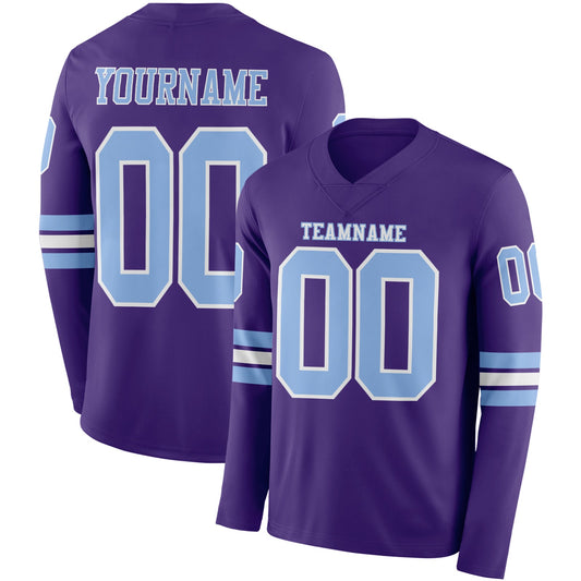 Custom Purple Light Blue-White Long Sleeve Authentic Football Jersey - Main View