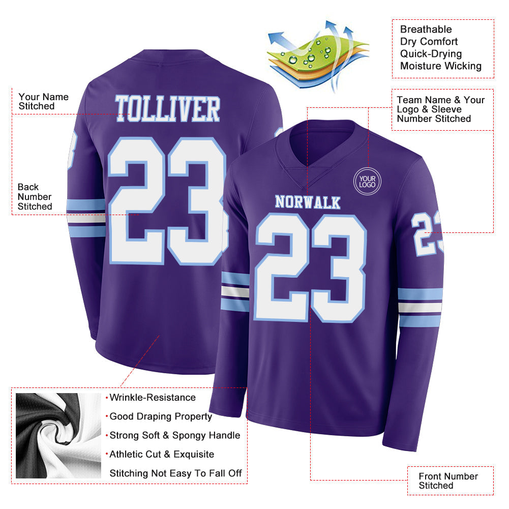 Custom Purple White-Light Blue Long Sleeve Authentic Football Jersey view 2