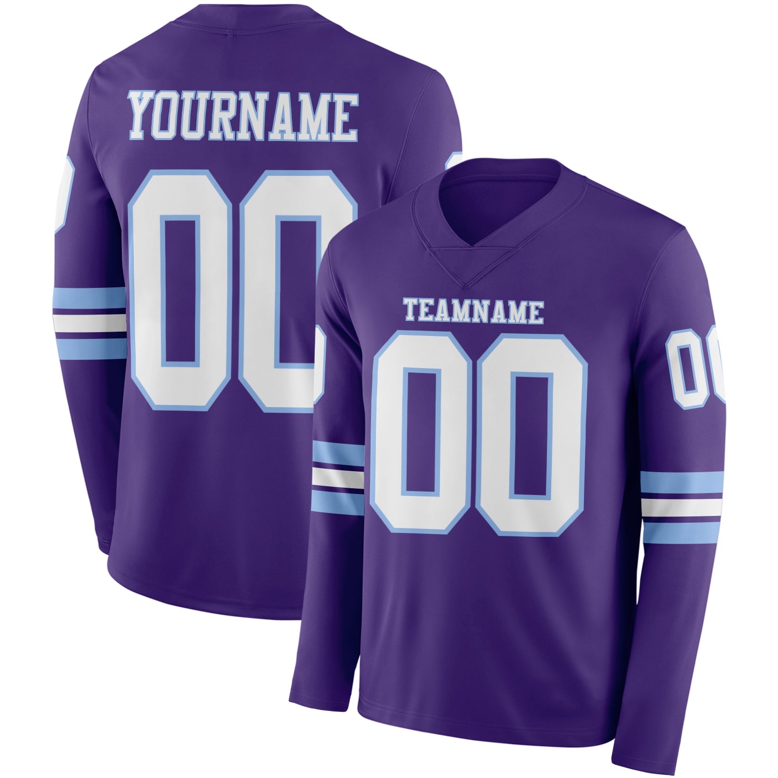 Custom Purple White-Light Blue Long Sleeve Authentic Football Jersey - Main View