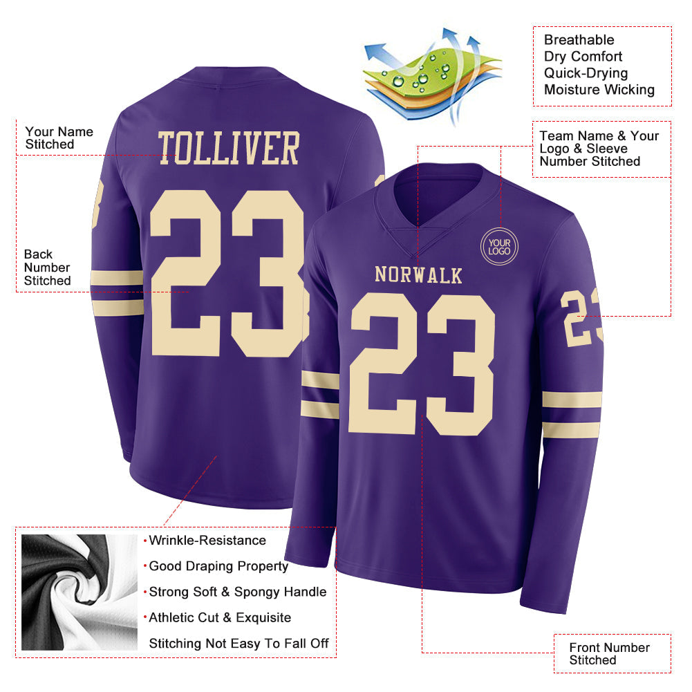 Custom Purple Cream Long Sleeve Authentic Football Jersey view 2
