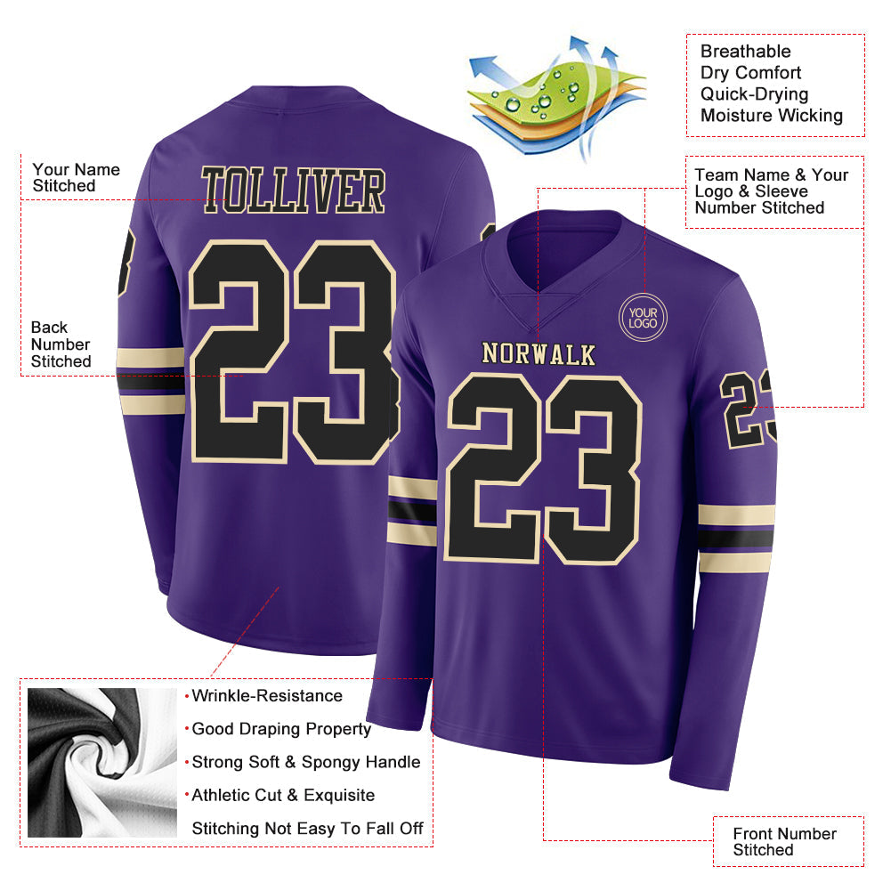 Custom Purple Black-Cream Long Sleeve Authentic Football Jersey view 2