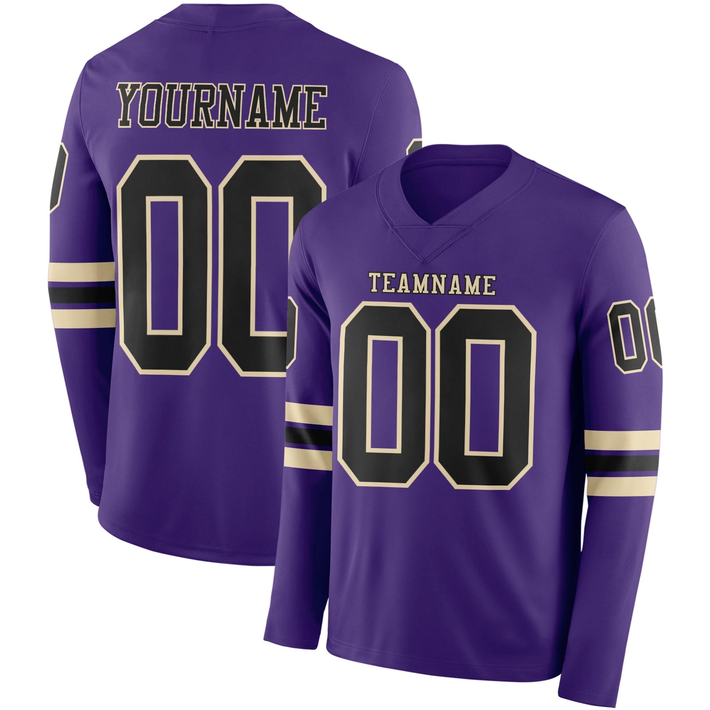 Custom Purple Black-Cream Long Sleeve Authentic Football Jersey - Main View