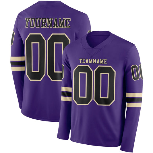 Custom Purple Black-Cream Long Sleeve Authentic Football Jersey - Main View