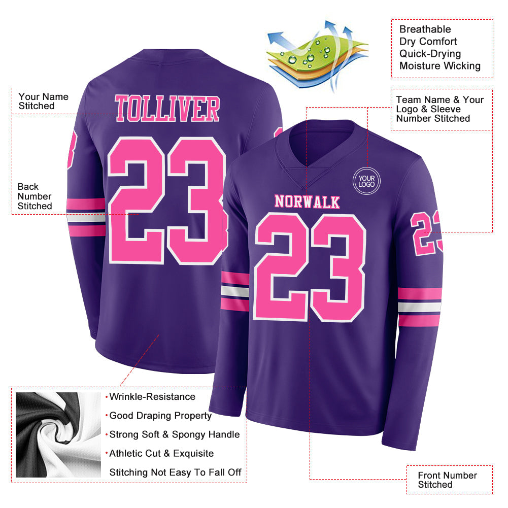 Custom Purple Pink-White Long Sleeve Authentic Football Jersey view 2