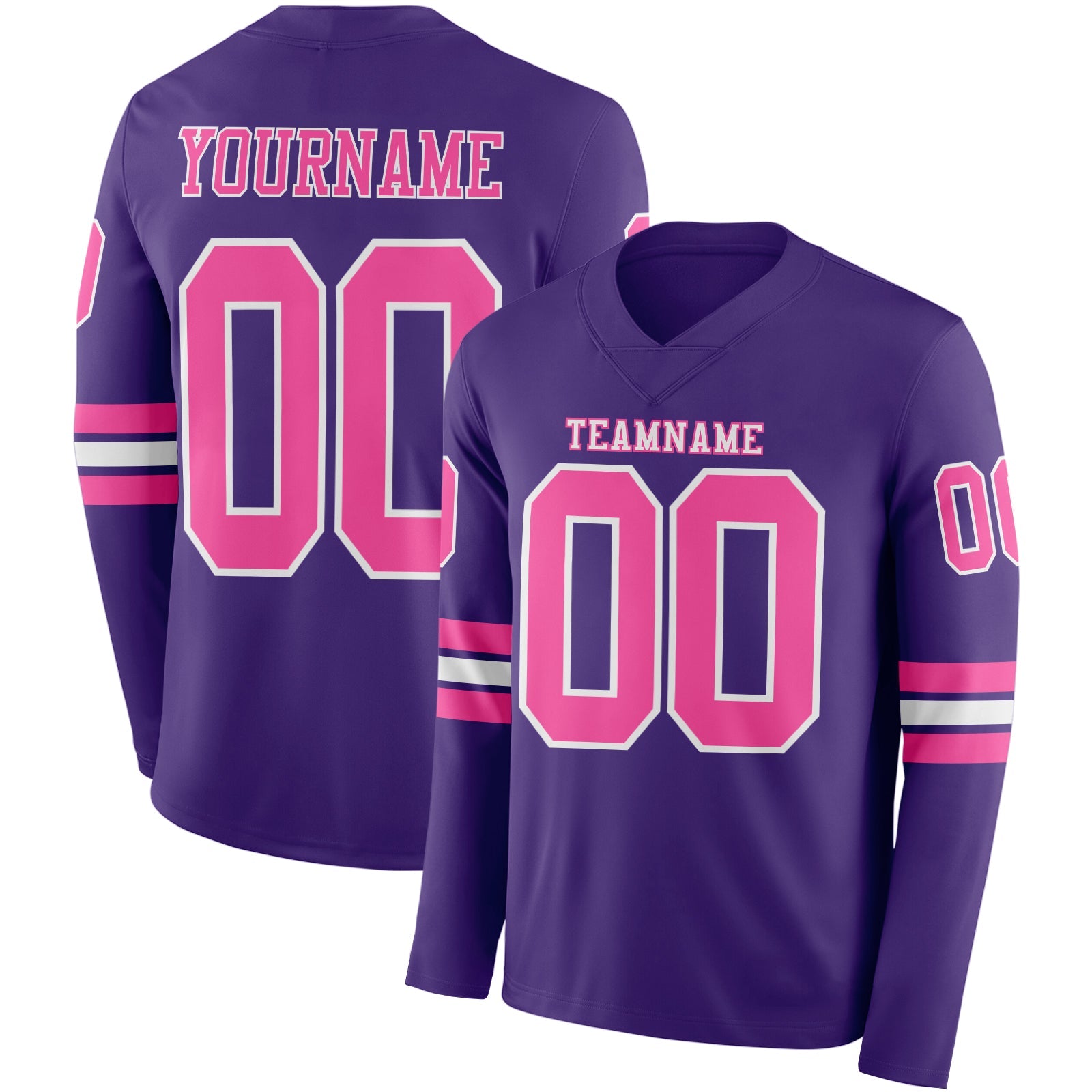 Custom Purple Pink-White Long Sleeve Authentic Football Jersey - Main View