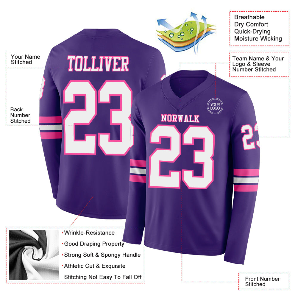 Custom Purple White-Pink Long Sleeve Authentic Football Jersey view 2