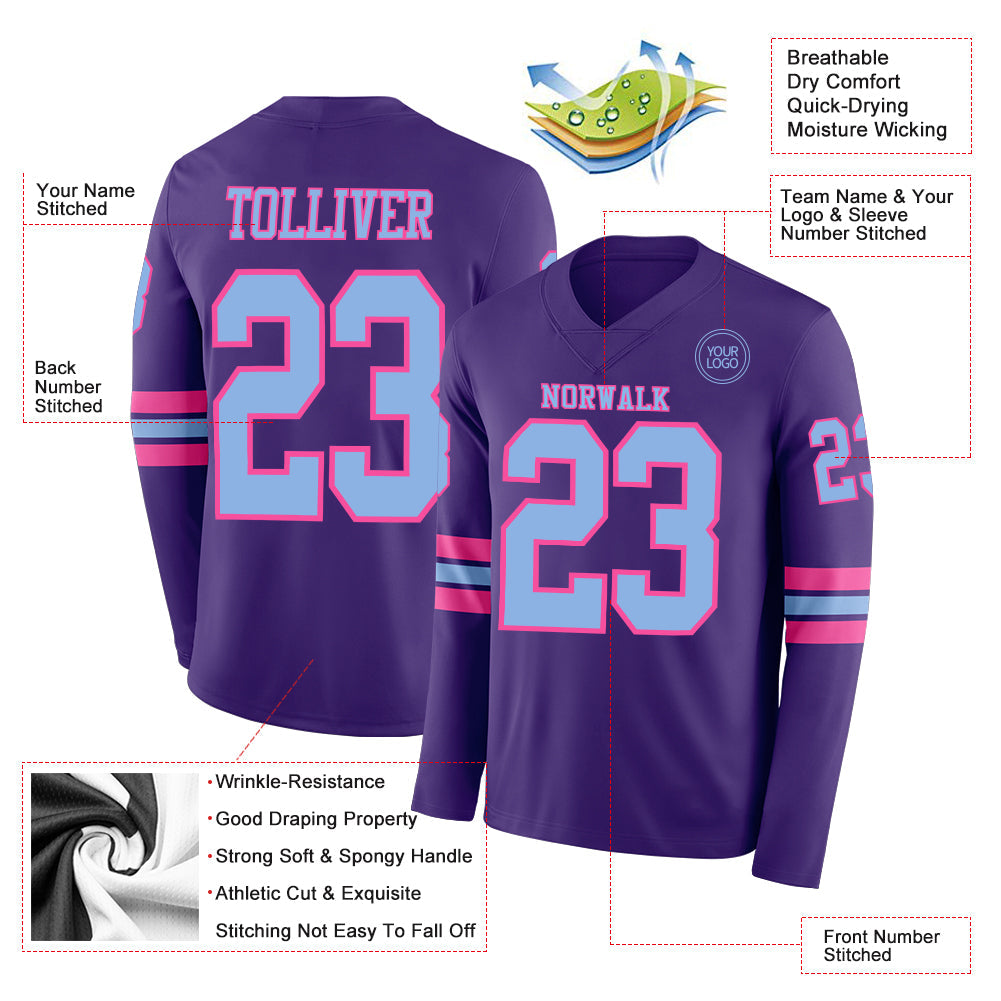 Custom Purple Light Blue-Pink Long Sleeve Authentic Football Jersey view 2