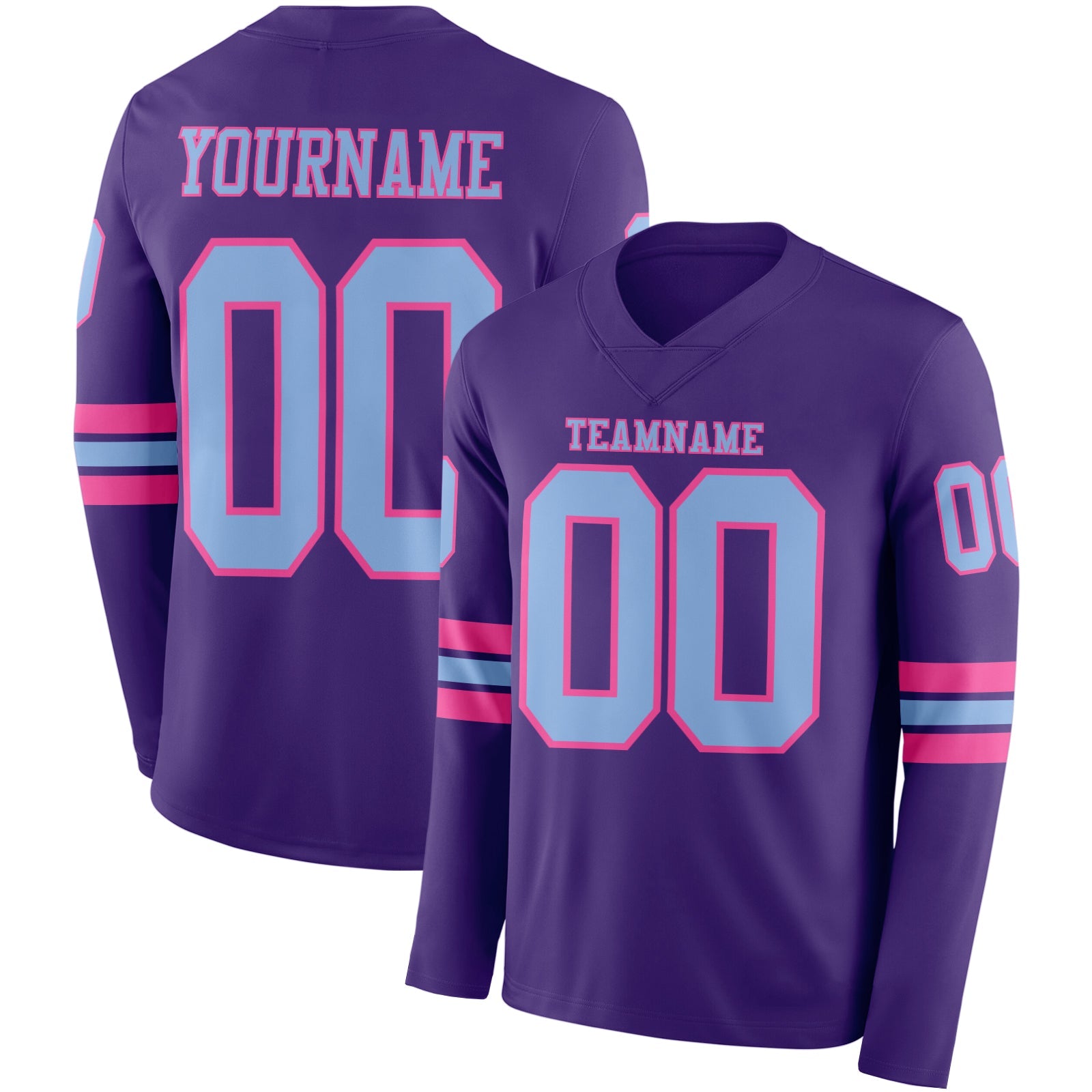 Custom Purple Light Blue-Pink Long Sleeve Authentic Football Jersey - Main View