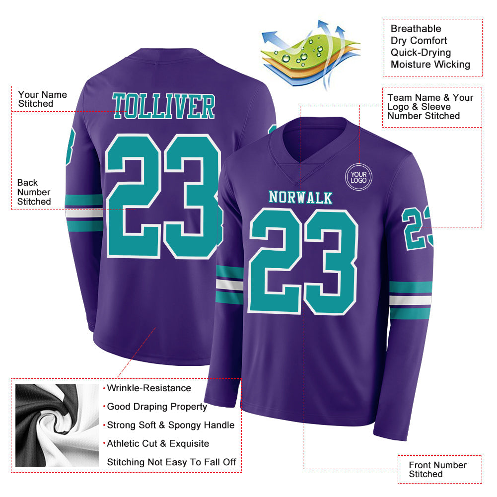 Custom Purple Teal-White Long Sleeve Authentic Football Jersey view 2