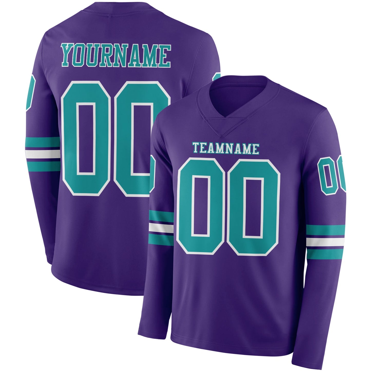 Custom Purple Teal-White Long Sleeve Authentic Football Jersey - Main View
