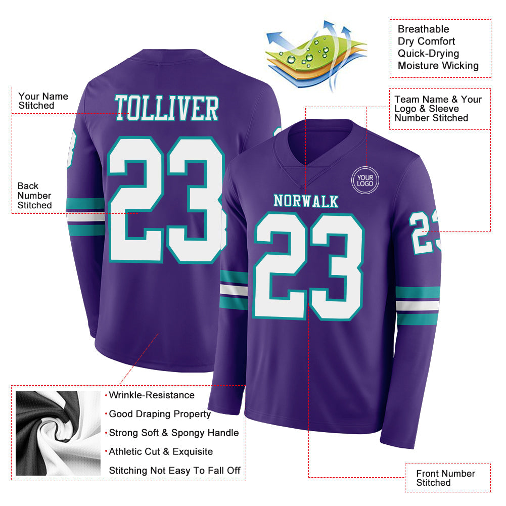 Custom Purple White-Teal Long Sleeve Authentic Football Jersey view 2